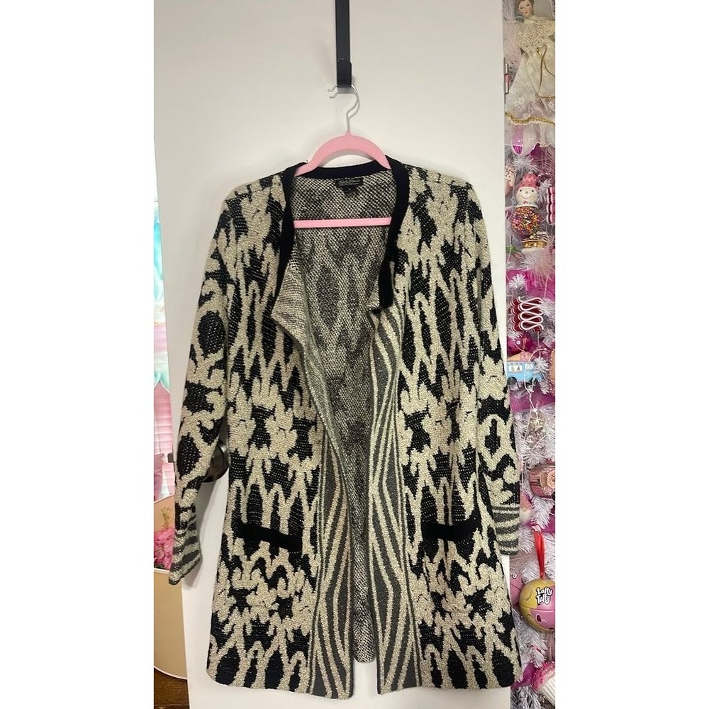 Lucky Brand Long Open Cardigan Women Size M Black Tan Good Geometric Ikat Knit